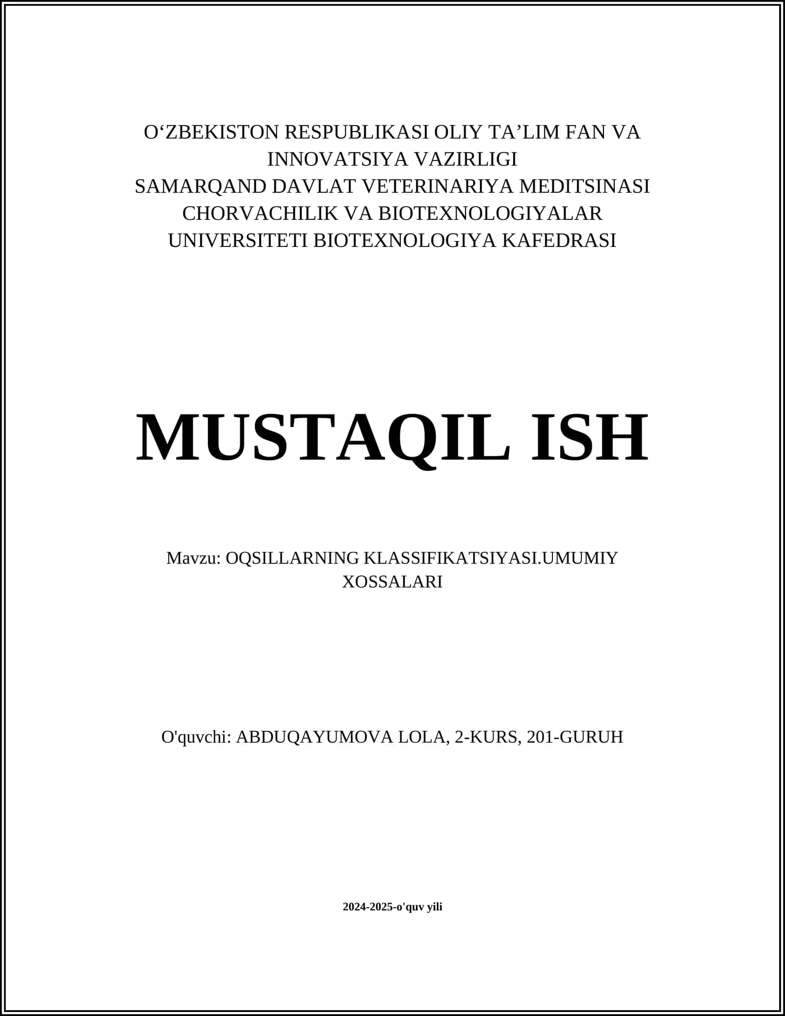 OQSILLARNING KLASSIFIKATSIYASI.UMUMIY XOSSALARI 1