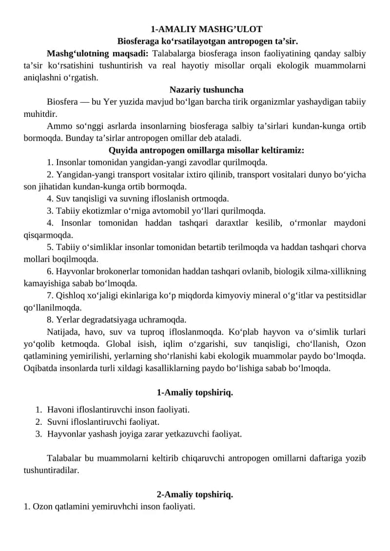 Biosferaga ko‘rsatilayotgan antropogen ta’sir 1