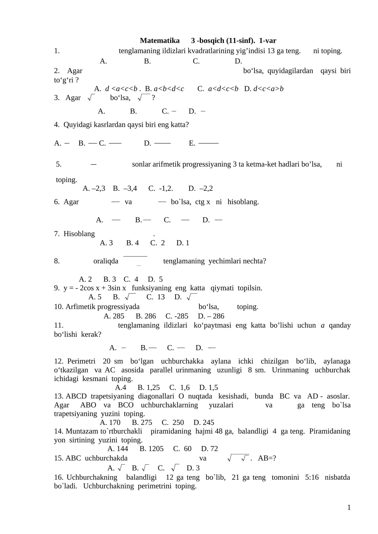 11-sinflar uchun Matematika fanidan qiyin test 1