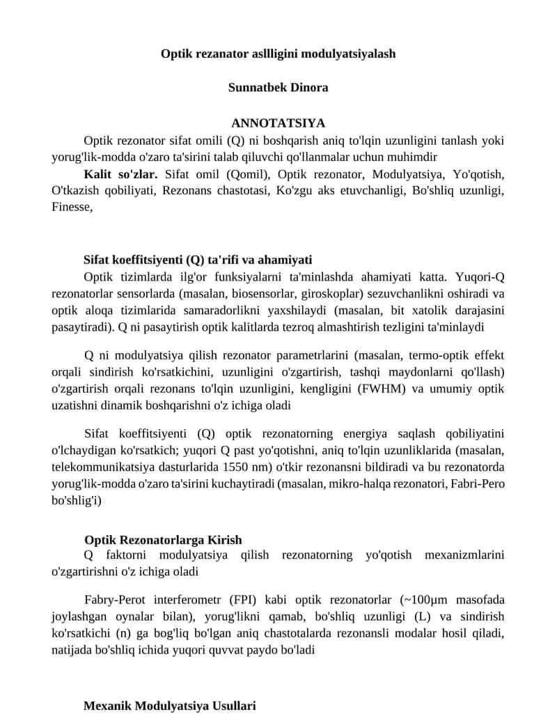 Optik rezonator asllligini modulyatsiyalash 1