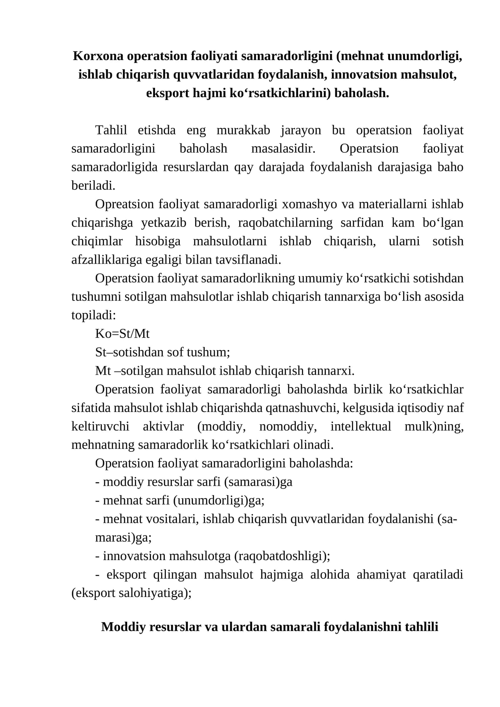 Korxona operatsion faoliyati samaradorligini baholash 1