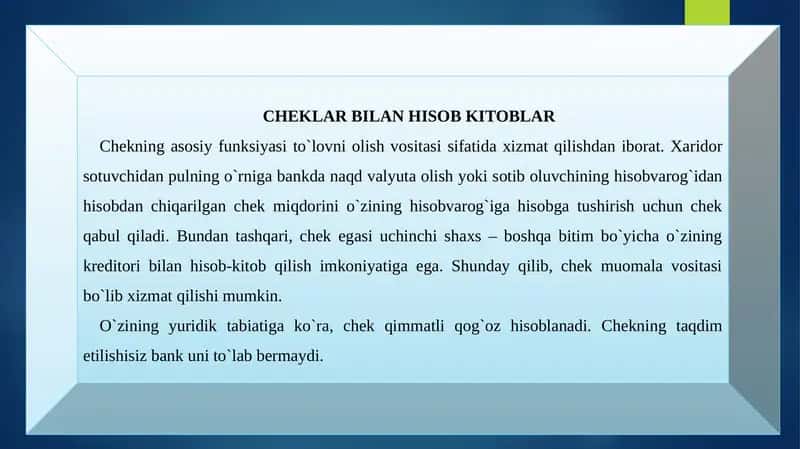 CHEKLAR BILAN HISOB KITOBLAR 1