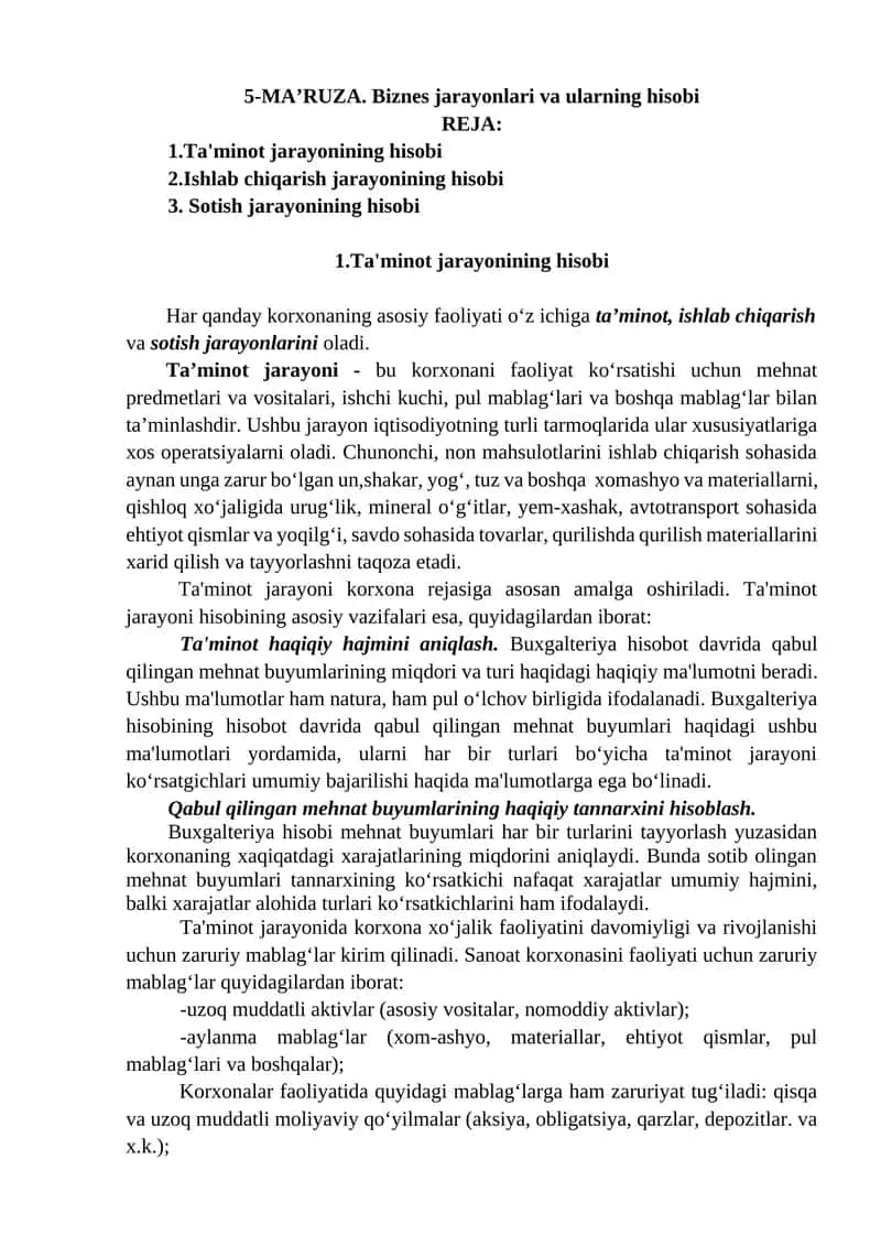 Biznes jarayonlari va ularning hisobi 1