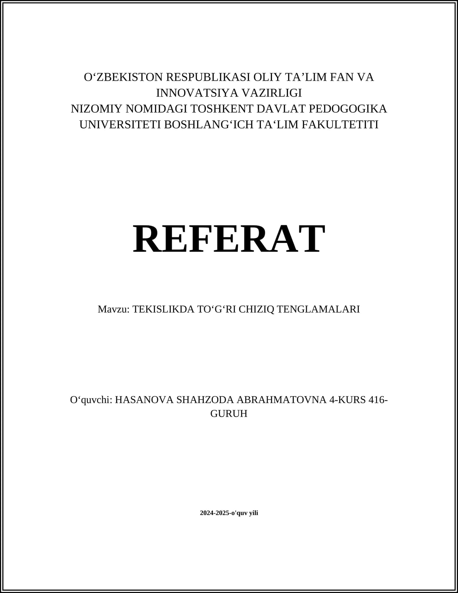 TEKISLIKDA TO‘G‘RI CHIZIQ TENGLAMALARI 1