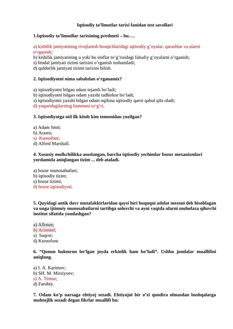 Iqtisodiy ta’limotlartarixi fanidan test savollari 1