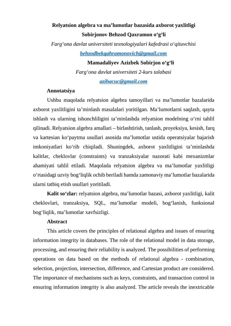 Relyatsion algebra va maʼlumotlar bazasida axborot yaxlitligi 1