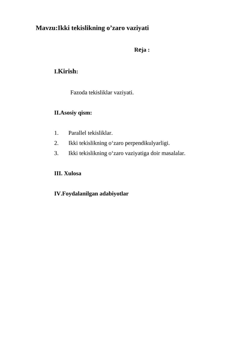 Ikki tekislikning o’zaro vaziyati 1