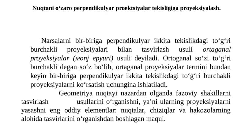 Nuqtani o‘zaro perpendikulyar proektsiyalar tekisligiga proyeksiyalash 1