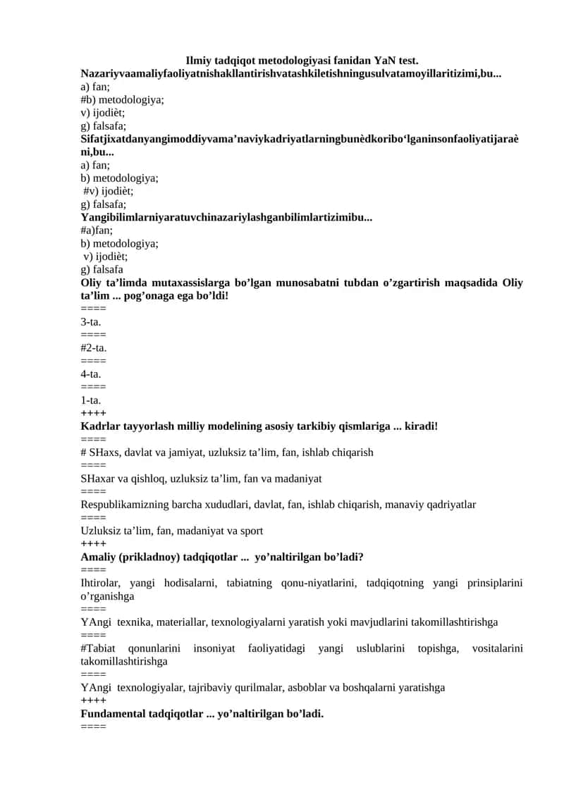 Ilmiy tadqiqot metodologiyasi fanidan YaN test. 1