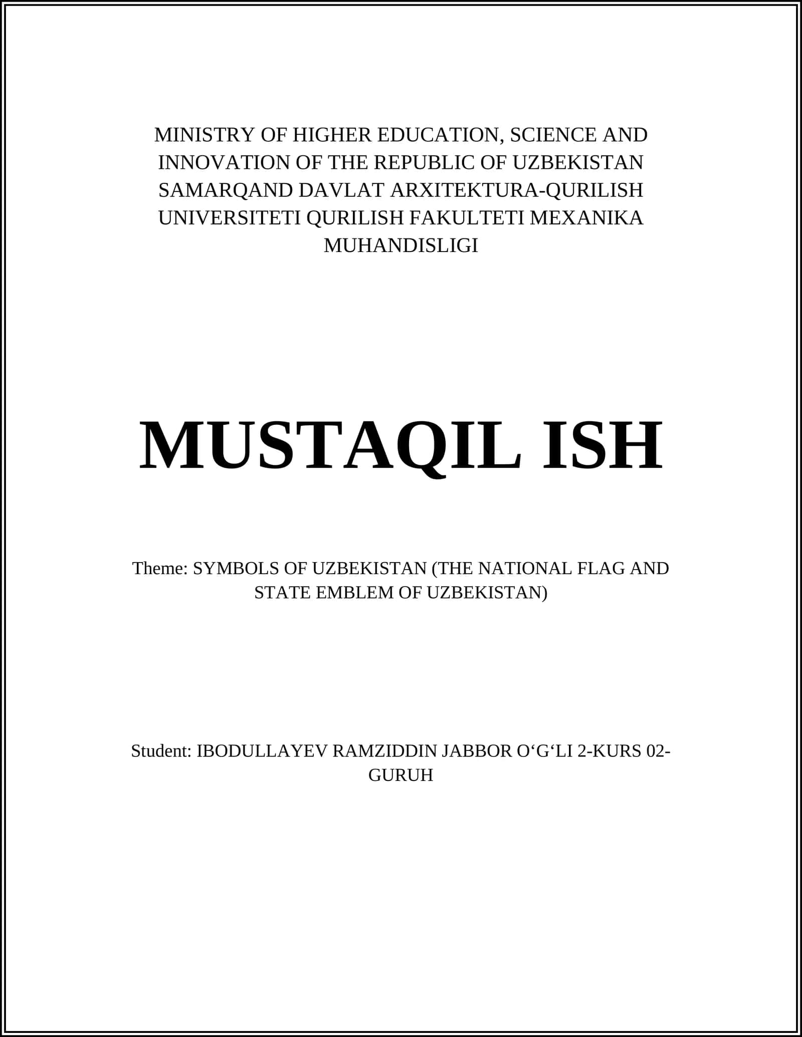 SYMBOLS OF UZBEKISTAN (THE NATIONAL FLAG AND STATE EMBLEM OF UZBEKISTAN) 1