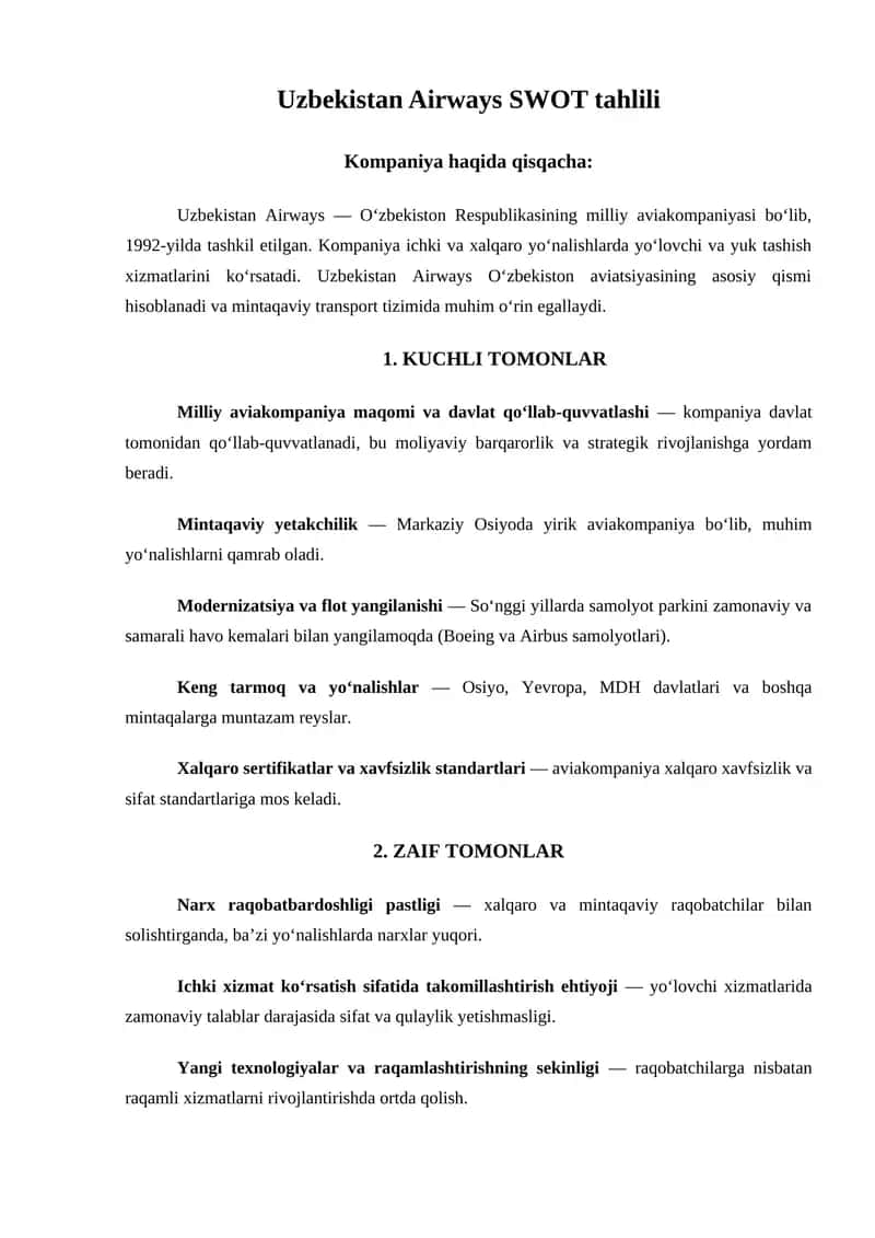 Uzbekistan Airways SWOT tahlili 1