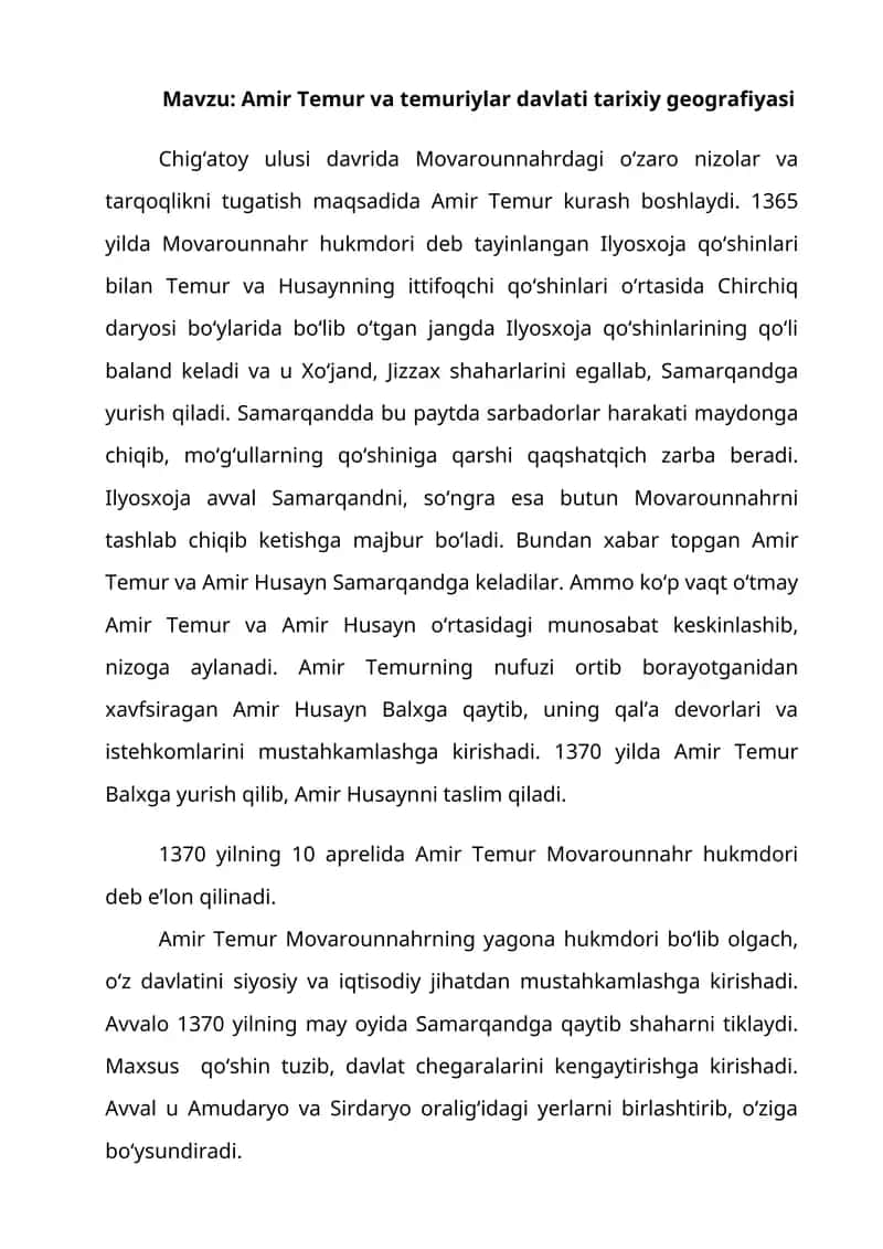 Amir Temur va temuriylar davlati tarixiy geografiyasi 1