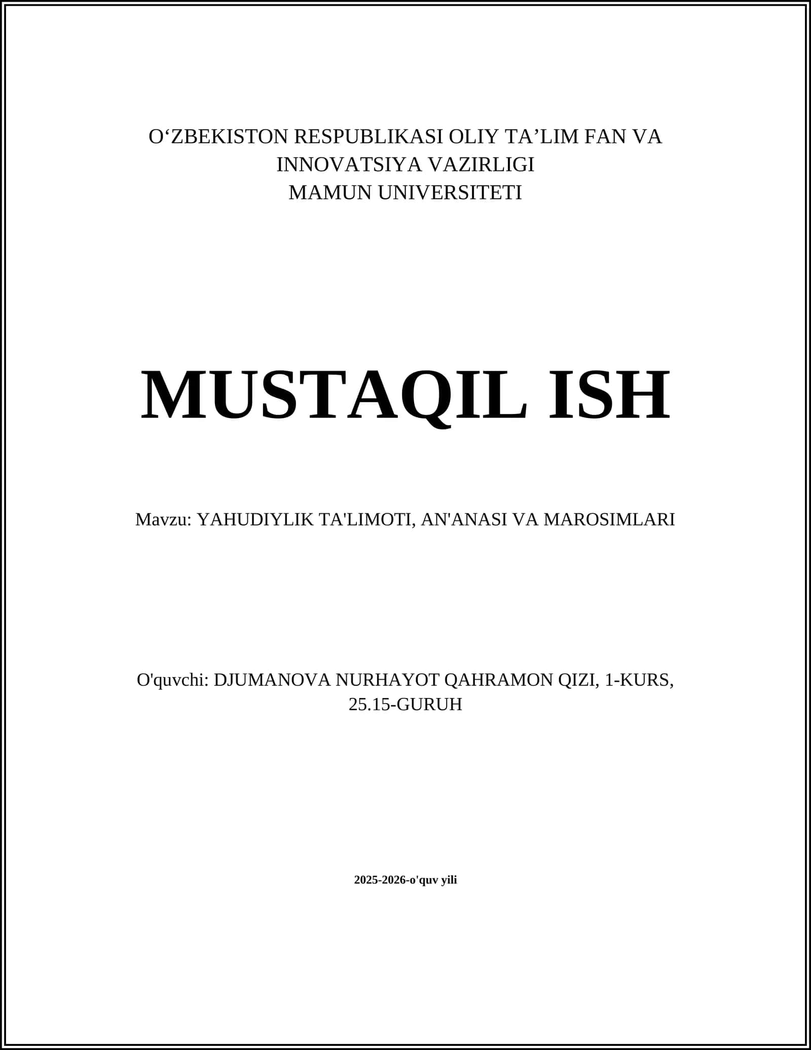 YAHUDIYLIK TA'LIMOTI, AN'ANASI VA MAROSIMLARI 1