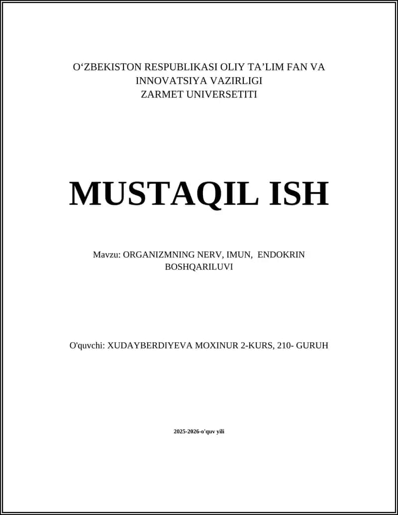 ORGANIZMNING NERV, IMUN, ENDOKRIN BOSHQARILUVI 1