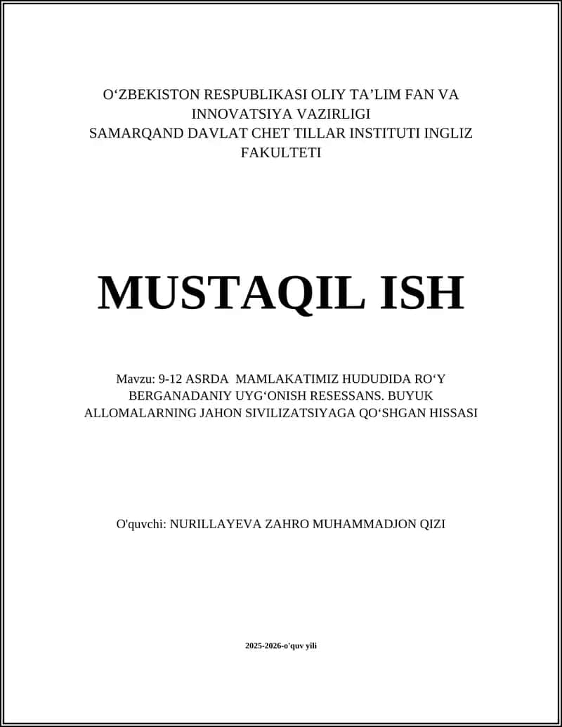9-12 ASRDA MAMLAKATIMIZ HUDUDIDA ROʻY BERGANADANIY UYGʻONISH RESESSANS 1