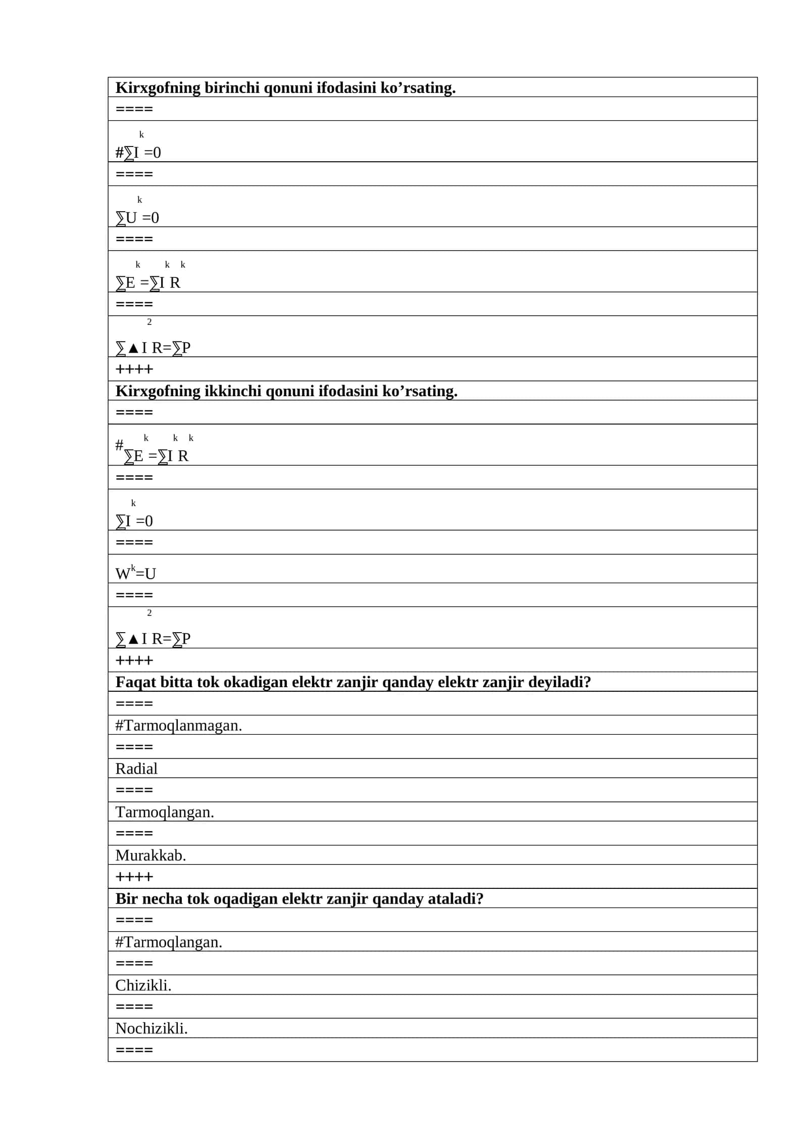 Elektrotexnika asoslari fanidan  test baza yakuniy 1