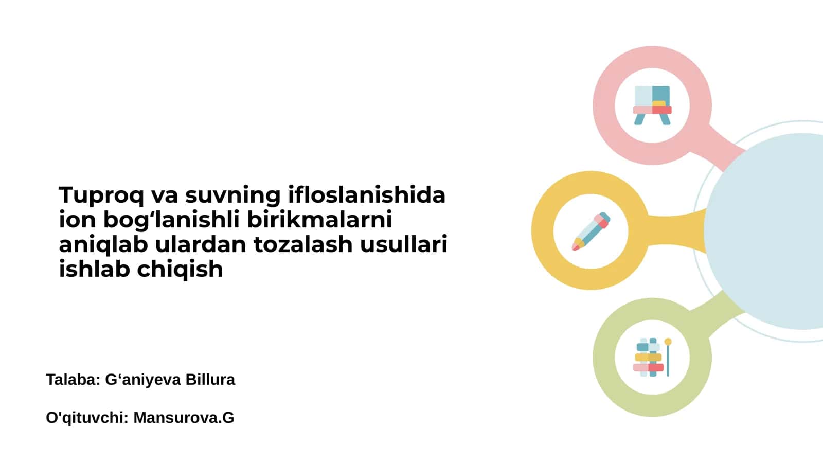 Tuproq va suvning ifloslanishida ion bogʻlanishli birikmalarni aniqlab ulardan tozalash usullari ishlab chiqish 1