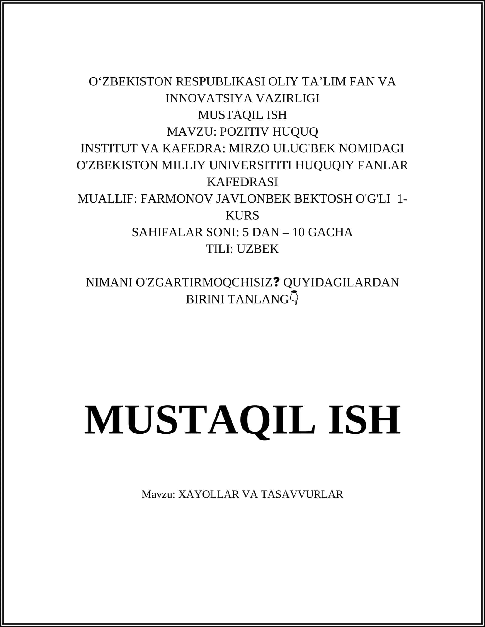XAYOLLAR VA TASAVVURLAR 1