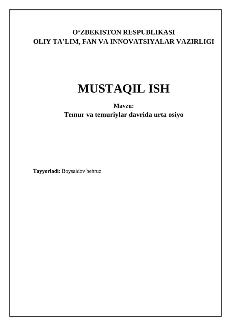Temur va temuriylar davrida urta osiyo