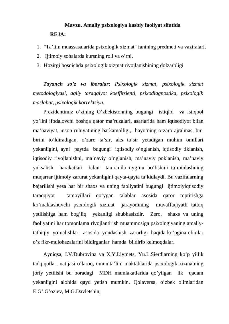Amaliy psixologiya kasbiy faoliyat sifatida 1