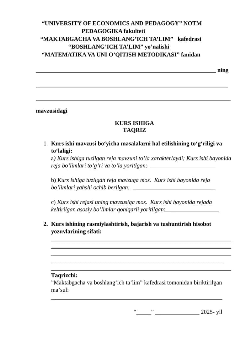 MATEMATIKA VA UNI O’QITISH METODIKASI 1