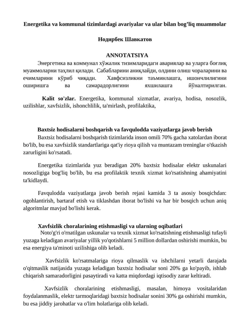 Energetika va kommunal tizimlardagi avariyalar va ular bilan bog’liq muammolar 1