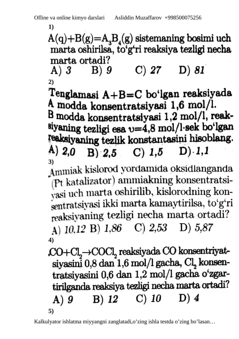 Reaksiya tezligi test 1