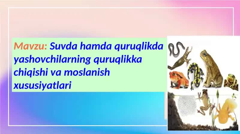 Suvda hamda quruqlikda yashovchilarning quruqlikka moslanish xususiyatlari 1