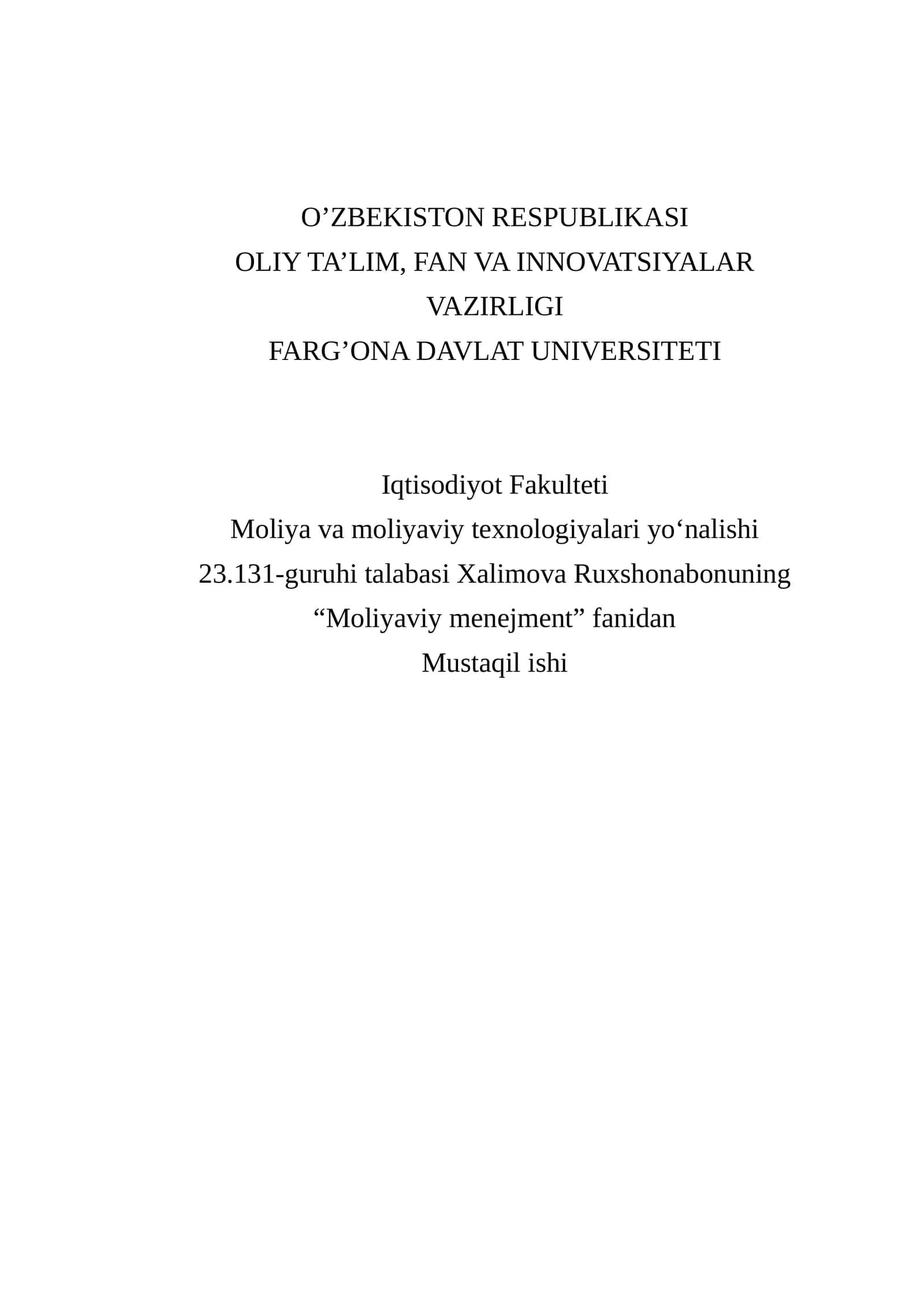 Mustaqil ish: Moliyaviy Menejment pt.I 1