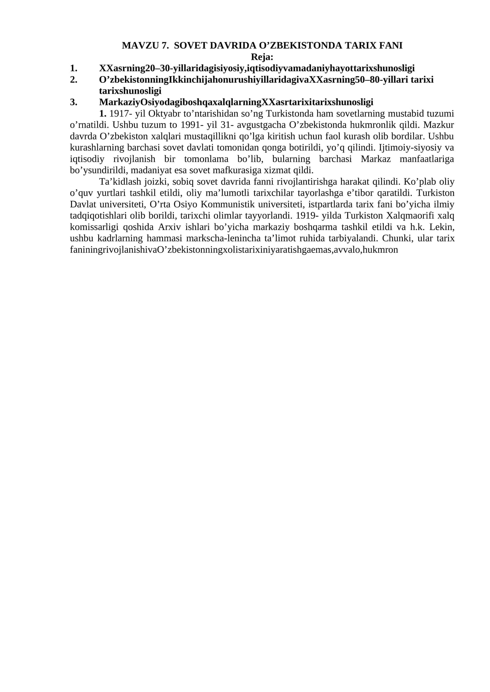 SOVET DAVRIDA O’ZBEKISTONDA TARIX FANI 1