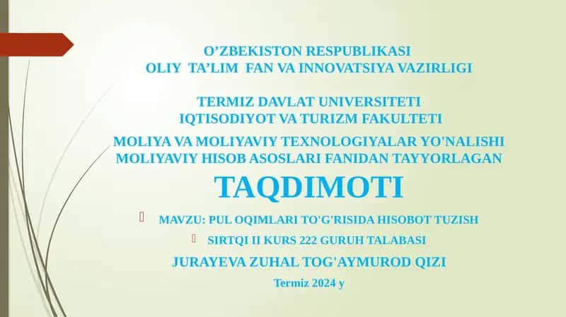 Puloqimlar to'g'risida hisobot tuzish 1