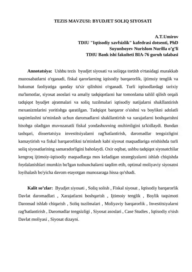 TEZIS MAVZUSI: BYUDJET SOLIQ SIYOSATI