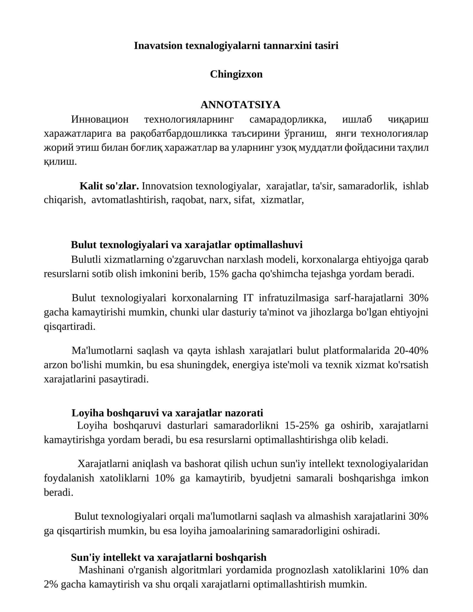 Bulut texnologiyalari va xarajatlar optimallashuvi 1