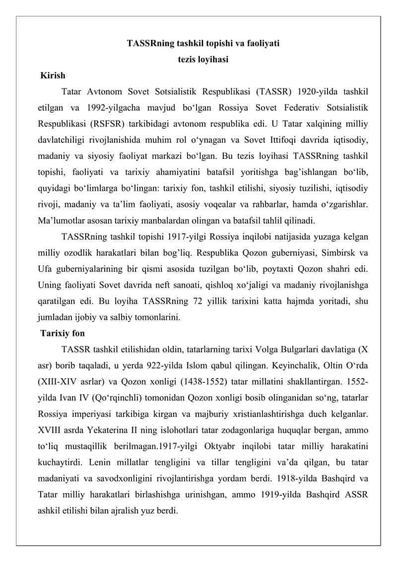 TASSRning tashkil topishi va faoliyati tezis loyihasi 1