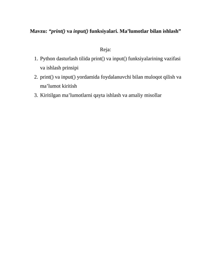 “print() va input() funksiyalari. Ma’lumotlar bilan ishlash” 1