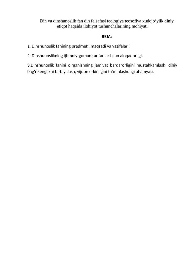 Dinshunoslik fanining predmeti 1