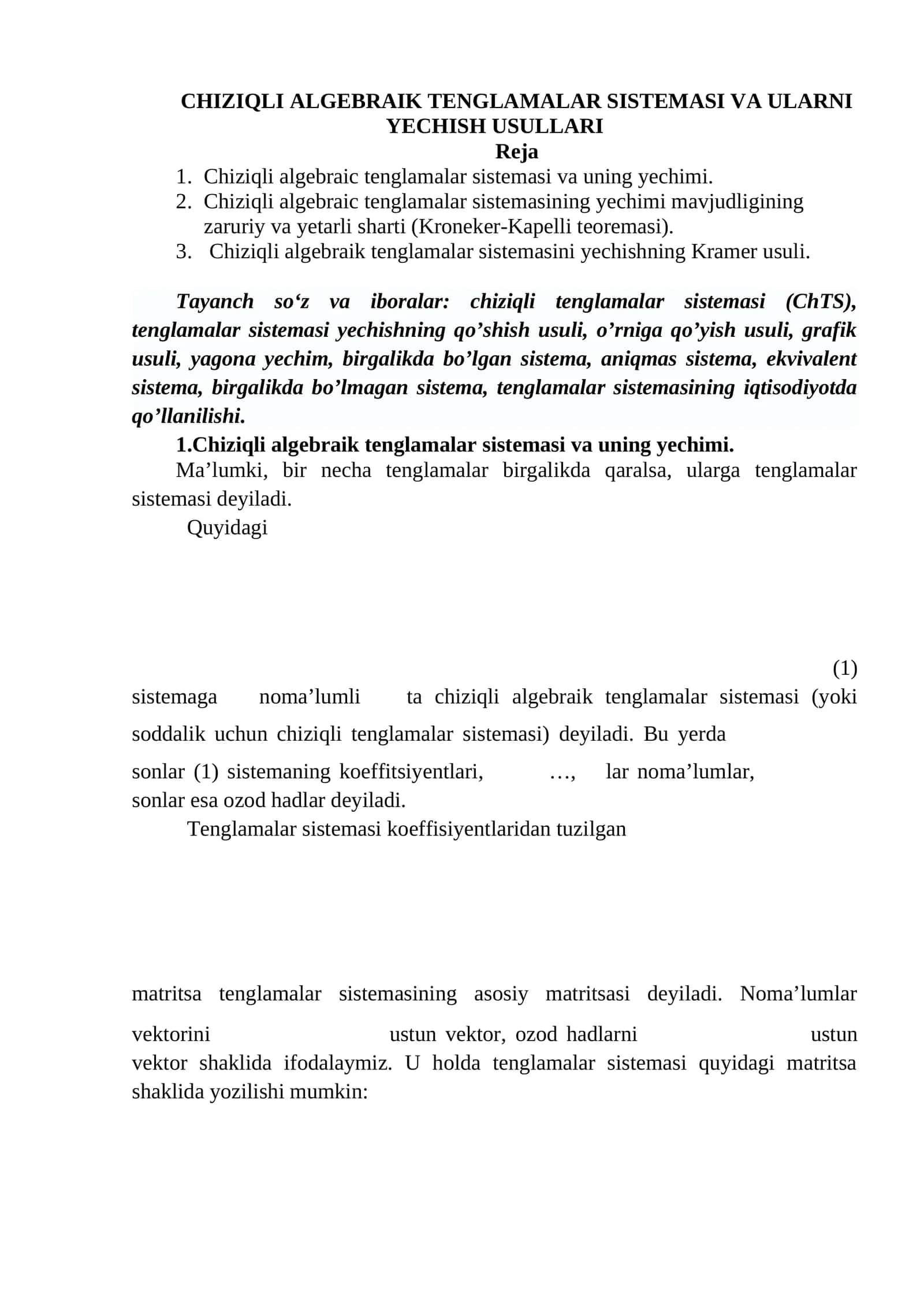 Chiziqli Algebraik Tenglamalar Sistemi va Ularni Yechish Usullari 1