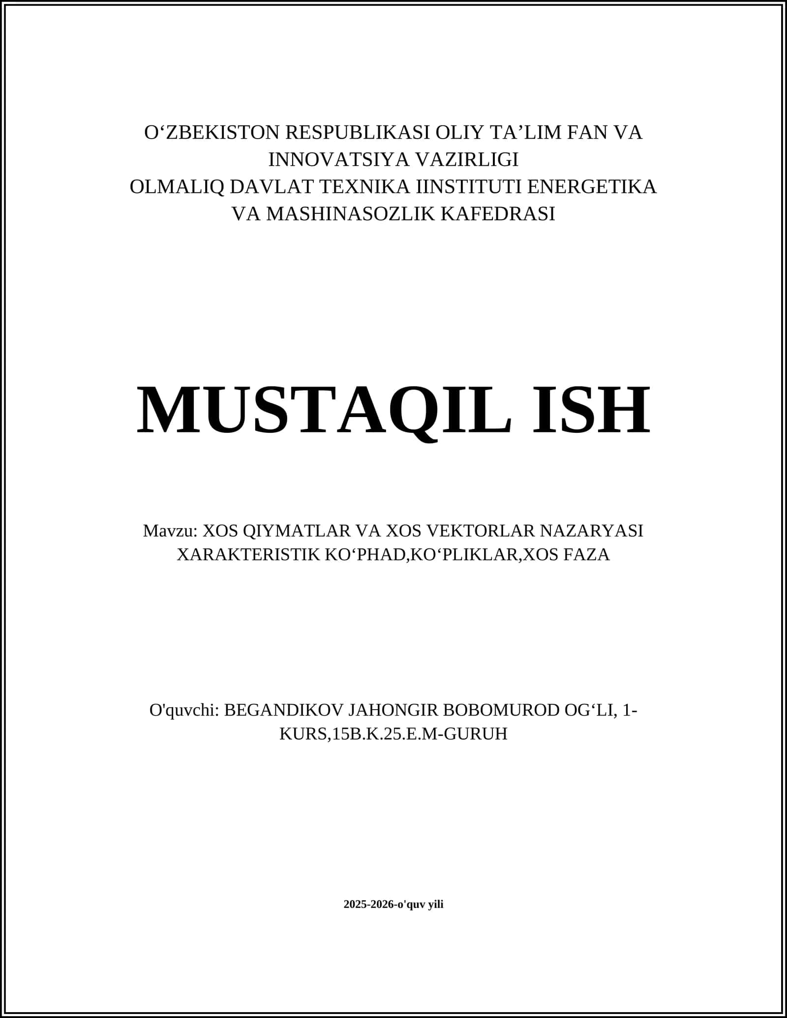 XOS QIYMATLAR VA XOS VEKTORLAR NAZARYASI 1