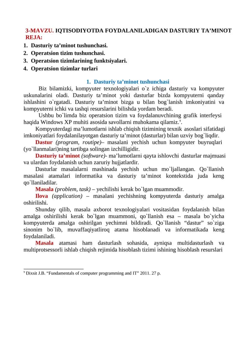 IQTISODIYOTDA FOYDALANILADIGAN DASTURIY TA’MINOT 1