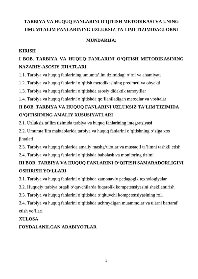 Tarbiya va Huquq Fanlarini O'qitish Metodikasi 1