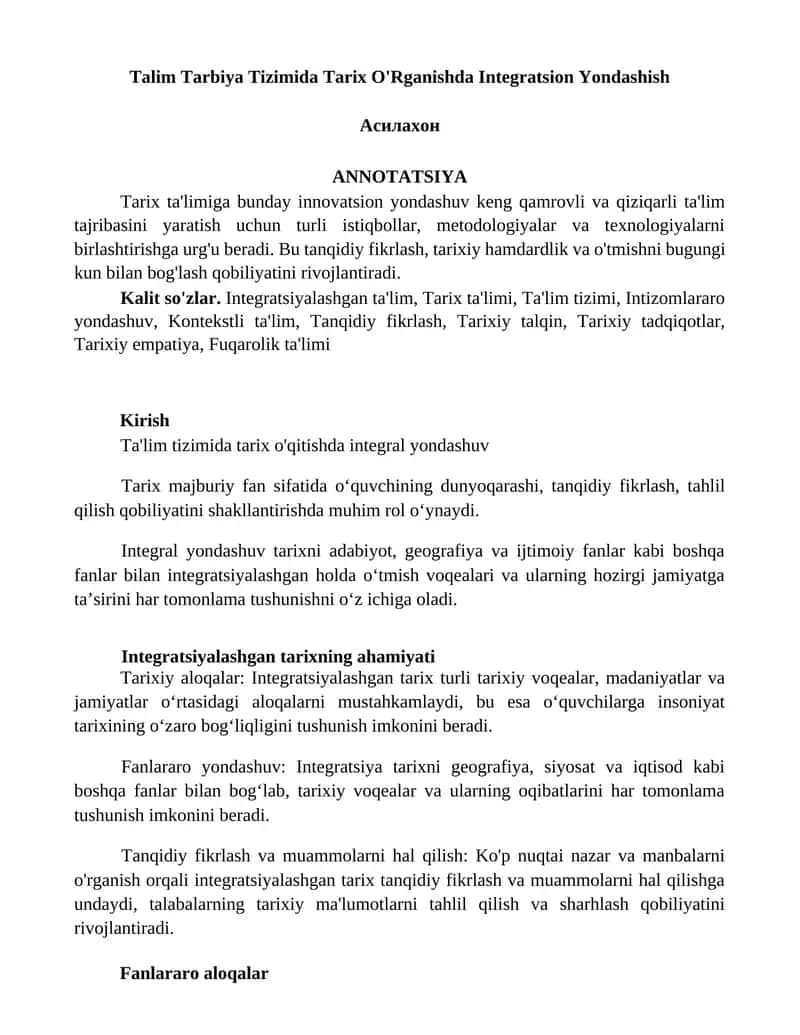 Talim Tarbiya Tizimida Tarix O'Rganishda Integratsion Yondashish 1