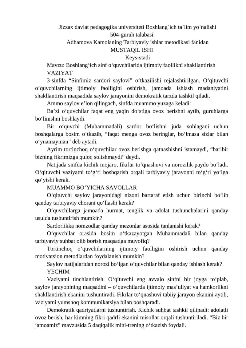 Adhamova Kamolaning Tarbiyaviy ishlar metodikasi fanidan 1