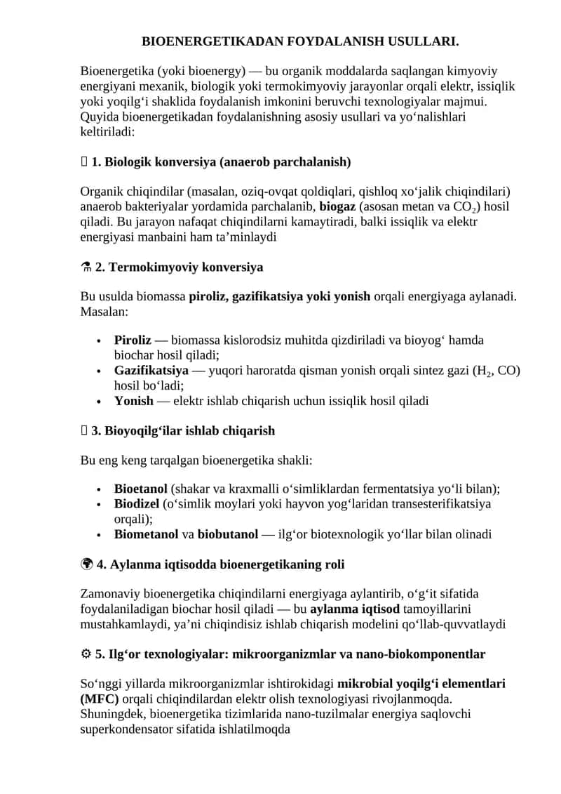 BIOENERGETIKADAN FOYDALANISH USULLARI 1