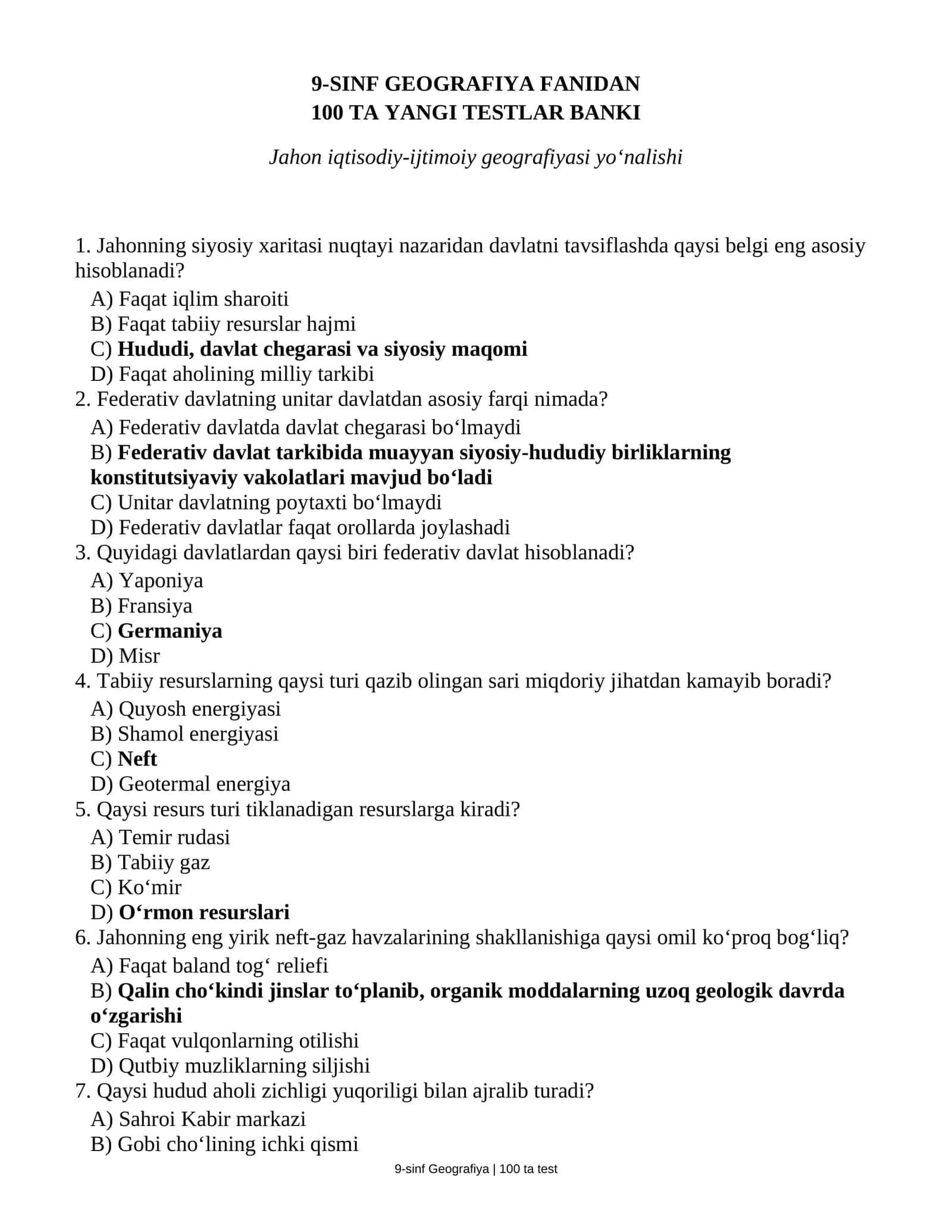 9-SINF GEOGRAFIYA FANIDAN 100 TA YANGI TESTLAR BANKI 1