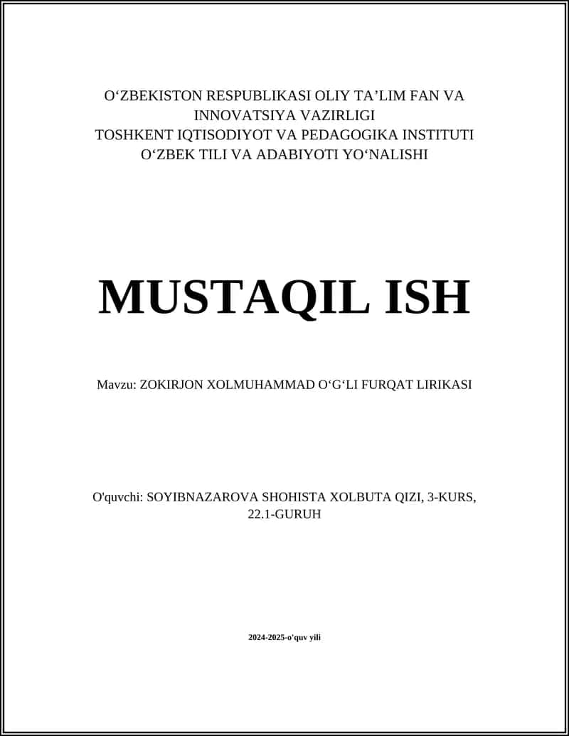 ZOKIRJON XOLMUHAMMAD OʻGʻLI FURQAT LIRIKASI 1