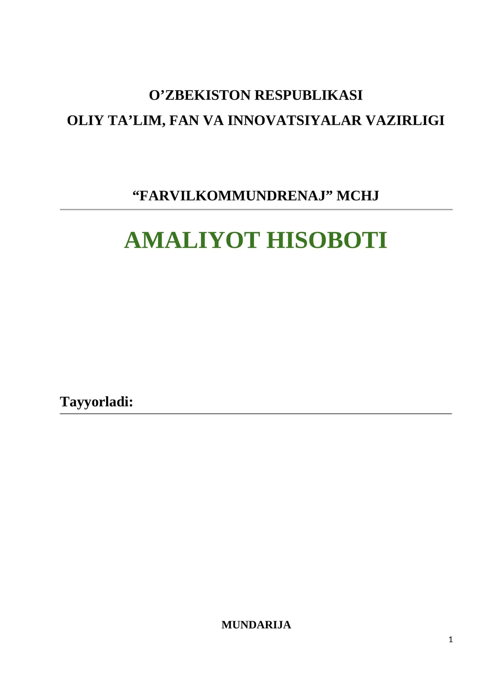 Amaliyot Hisoboti "FARVILKOMMUNDRENAJ" MCHJ 1