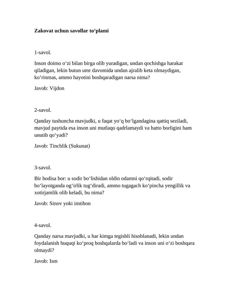 Zakovat uchun savollar toʻplami 1
