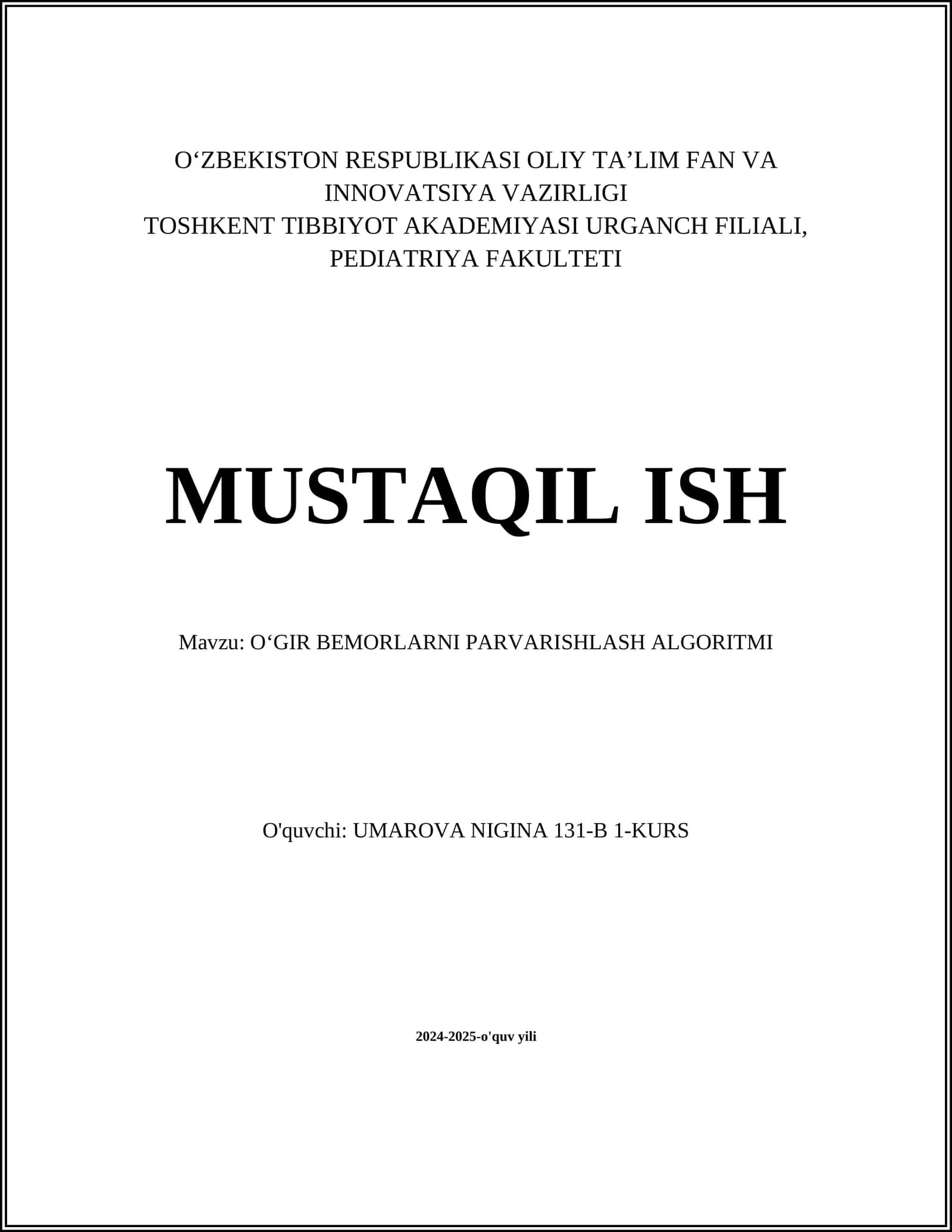OʻGIR BEMORLARNI PARVARISHLASH ALGORITMI 1