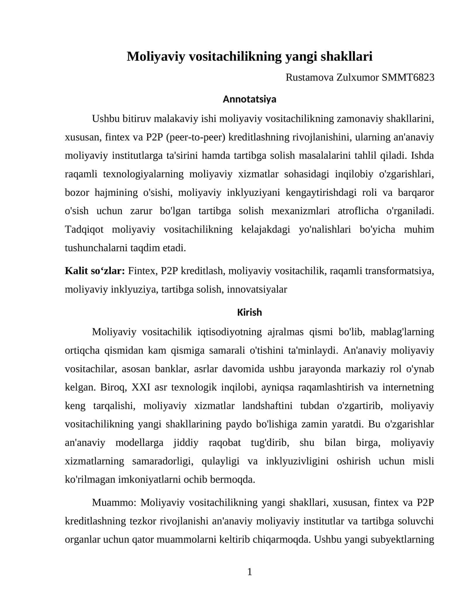 Moliyaviy vositachilikning yangi shakllari 1