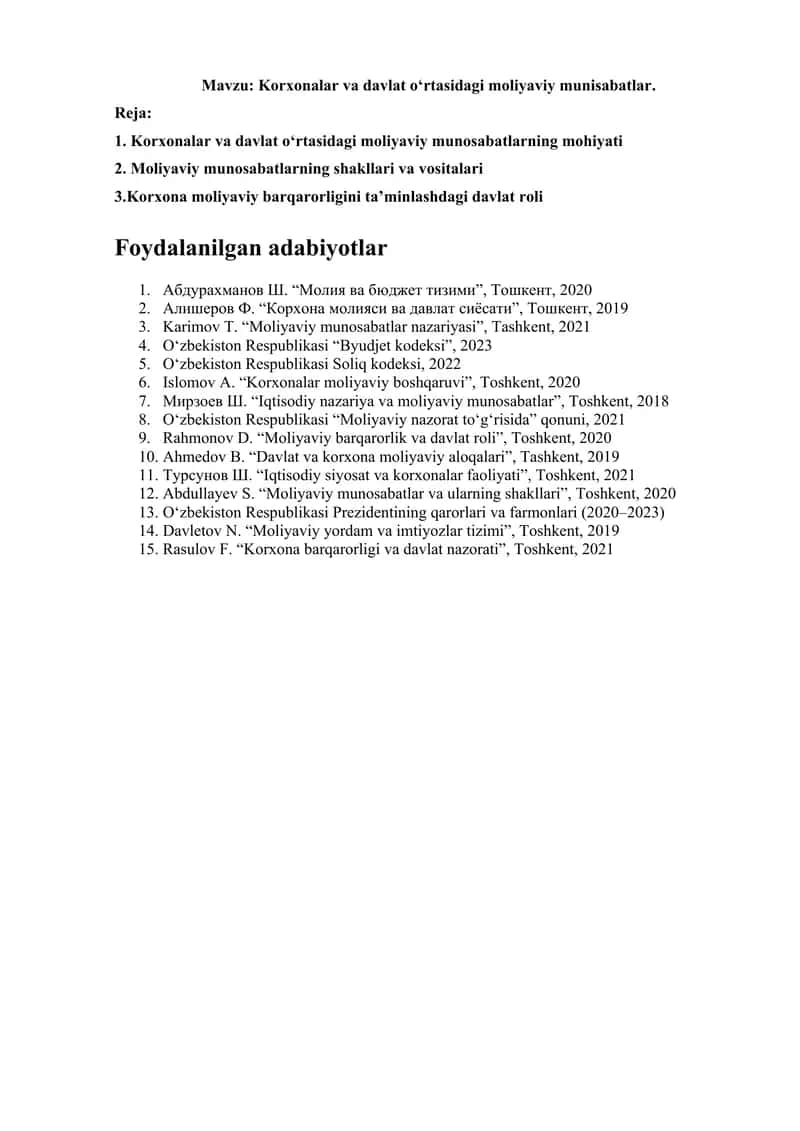 Korxonalar va davlat oʻrtasidagi moliyaviy munisabatlar. 1